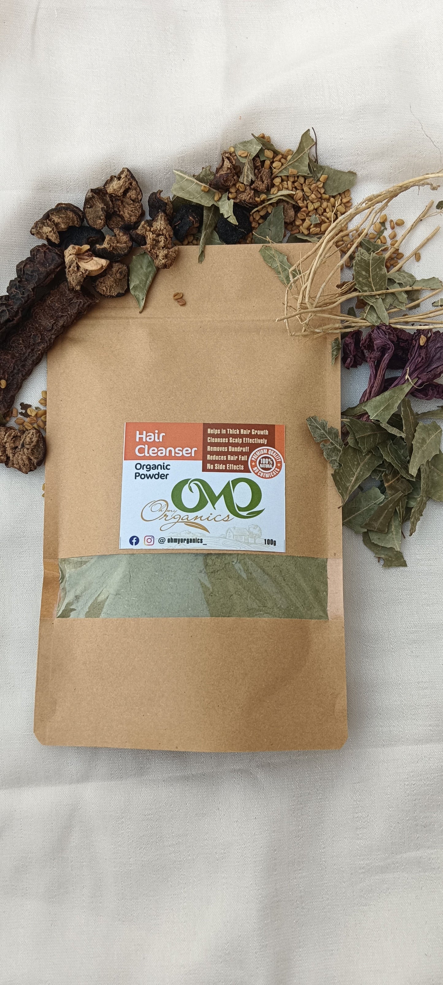 Hair Cleanser pack with white background and few herbs